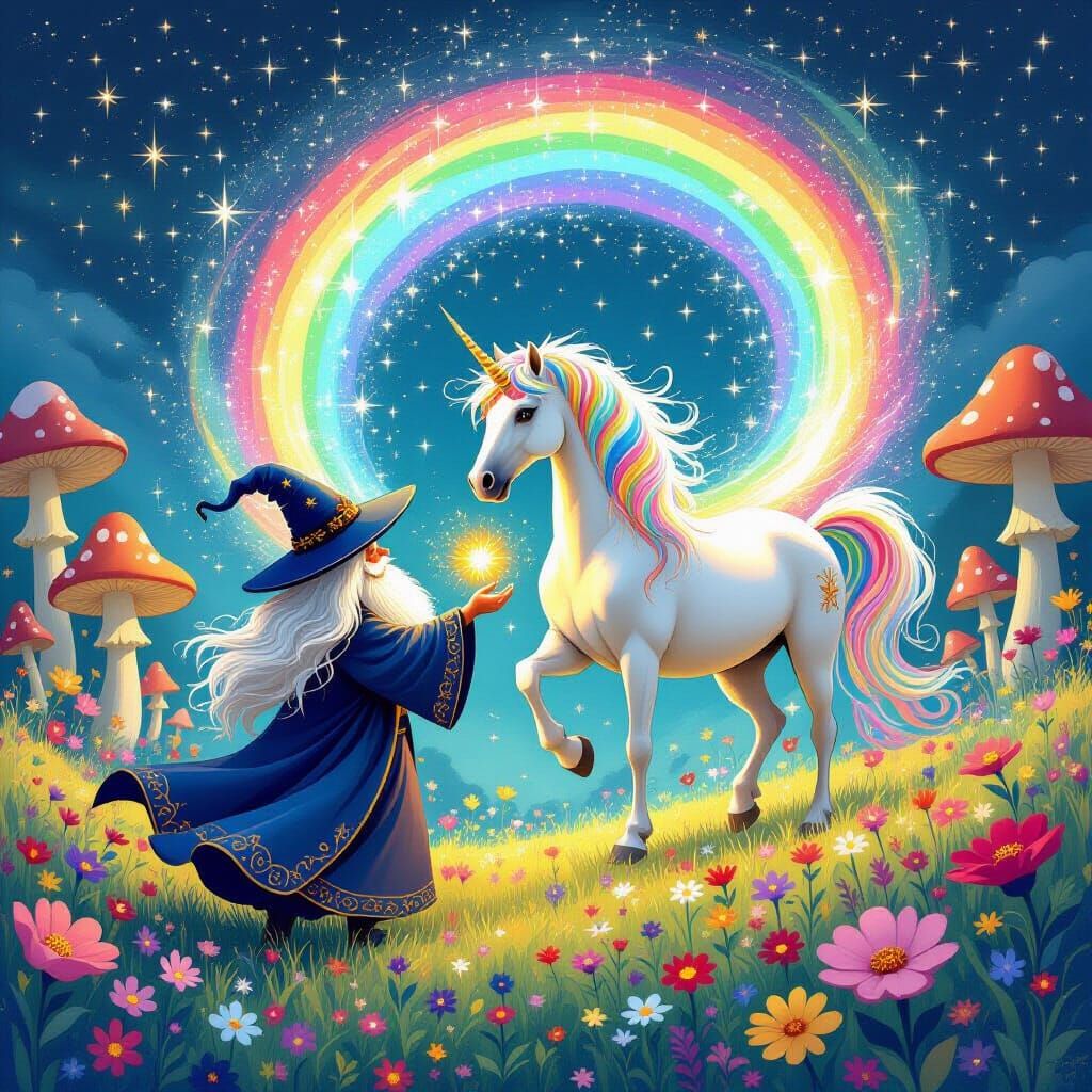 Wizard Conjures Rainbow Horse in Enchanted Meadow