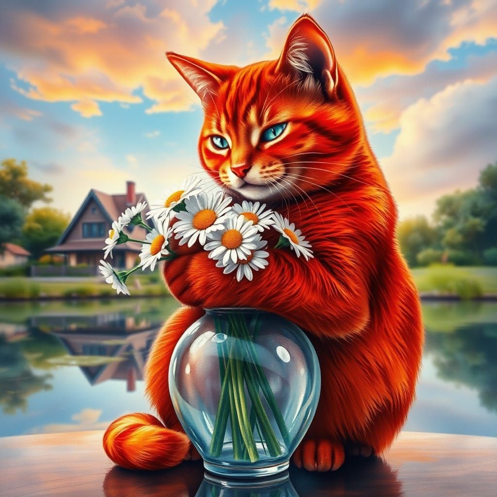 Whimsical Cat Hugging Vase in Abstract Double Exposure