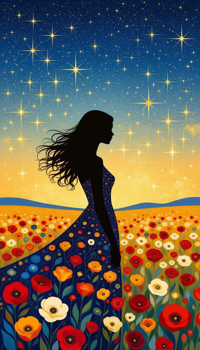 Silhouette in Starry Floral Sky, Klimt-Inspired Art Nouveau
