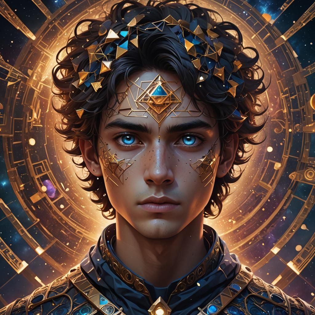 Geometric Boy in Cosmic Chaos: Fantasy Art