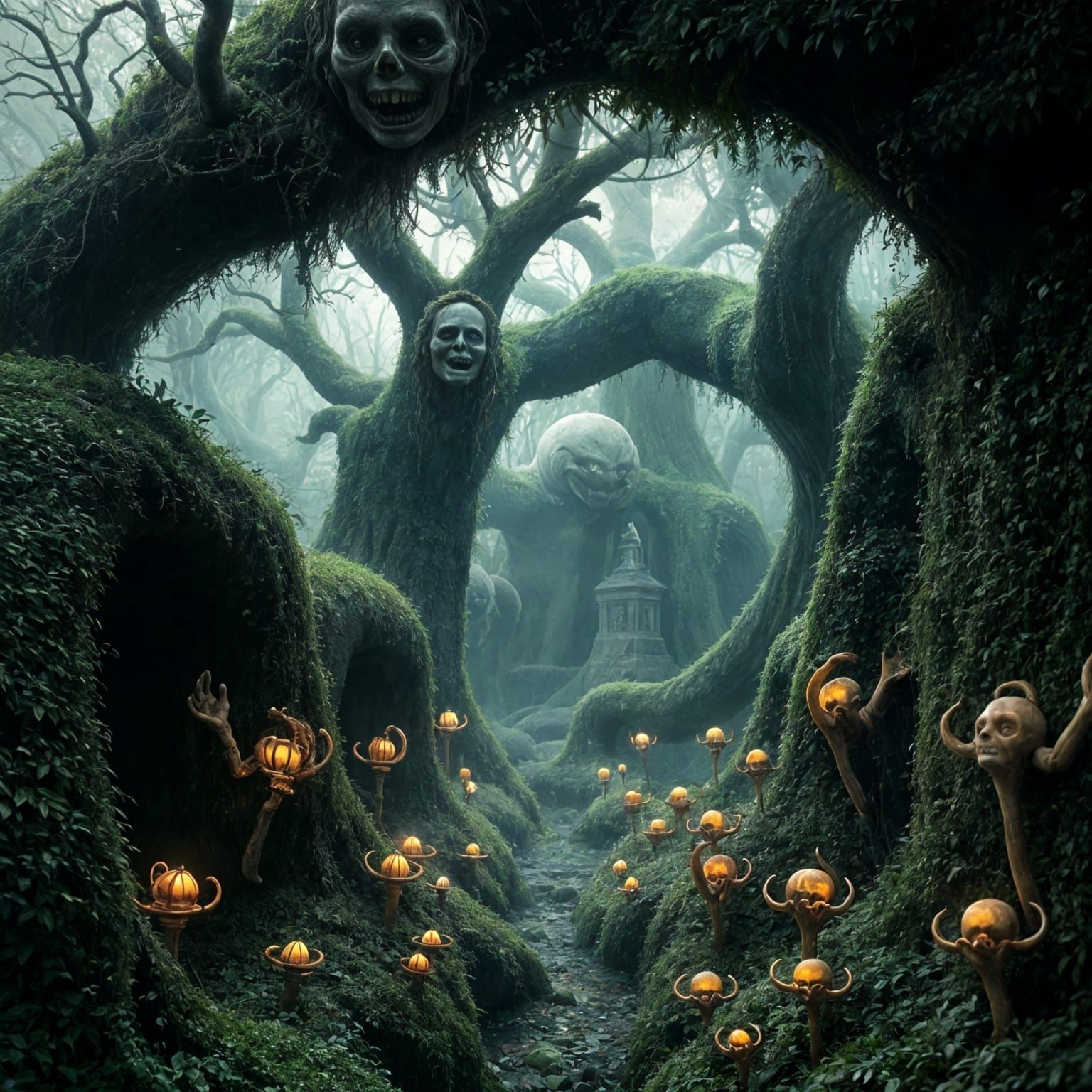 Grotesque Statues Lurk in Twisted Garden Maze