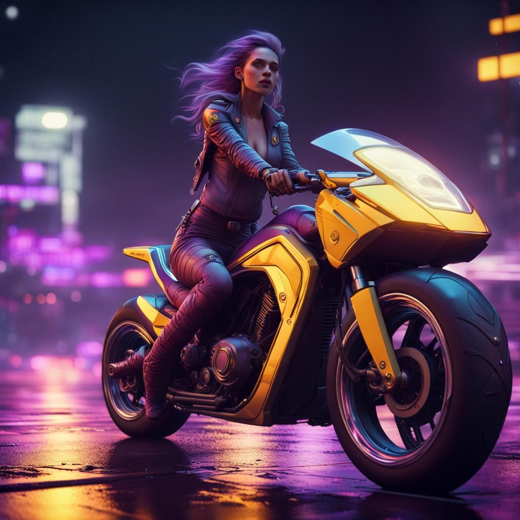 Futuristic Motorcycle Ride Under Moonlight, Fantasy Art