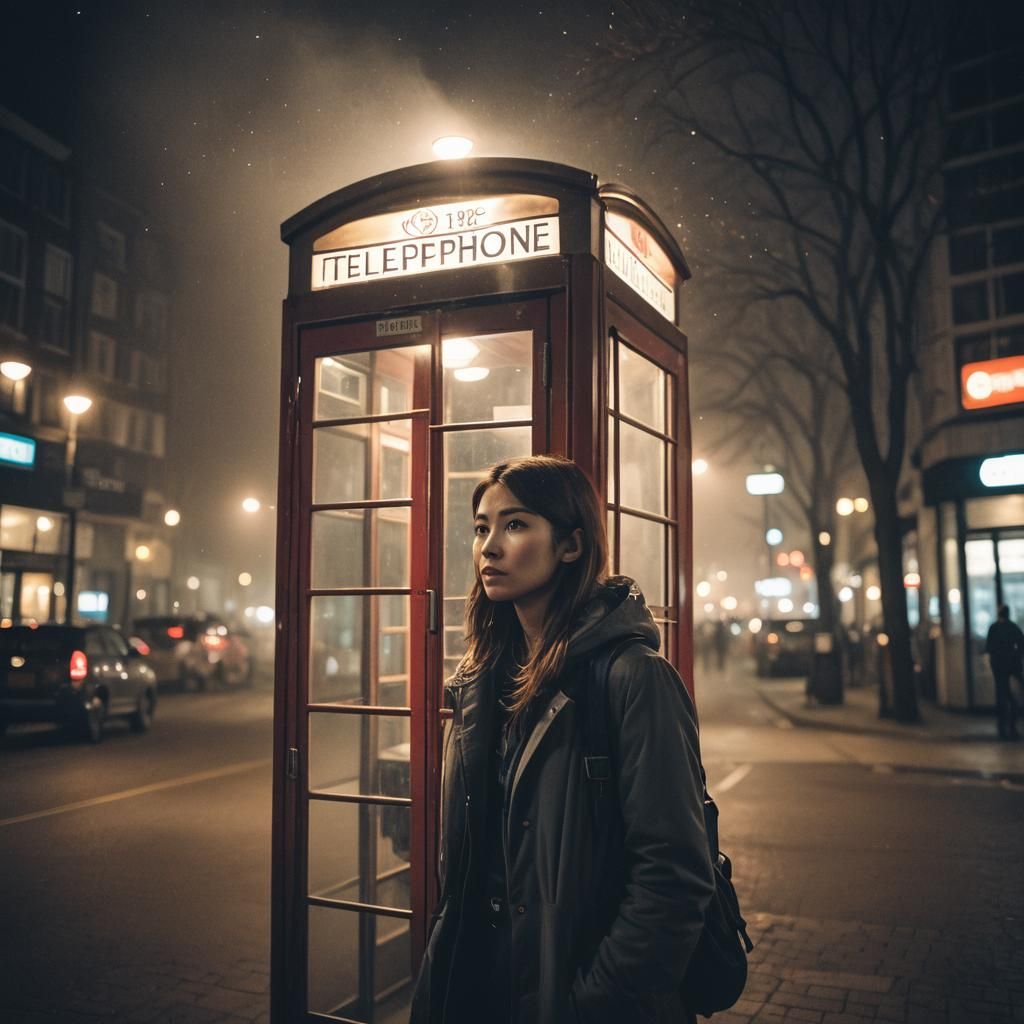 Girl in Foggy Phone Booth at Night: Bokeh Photography