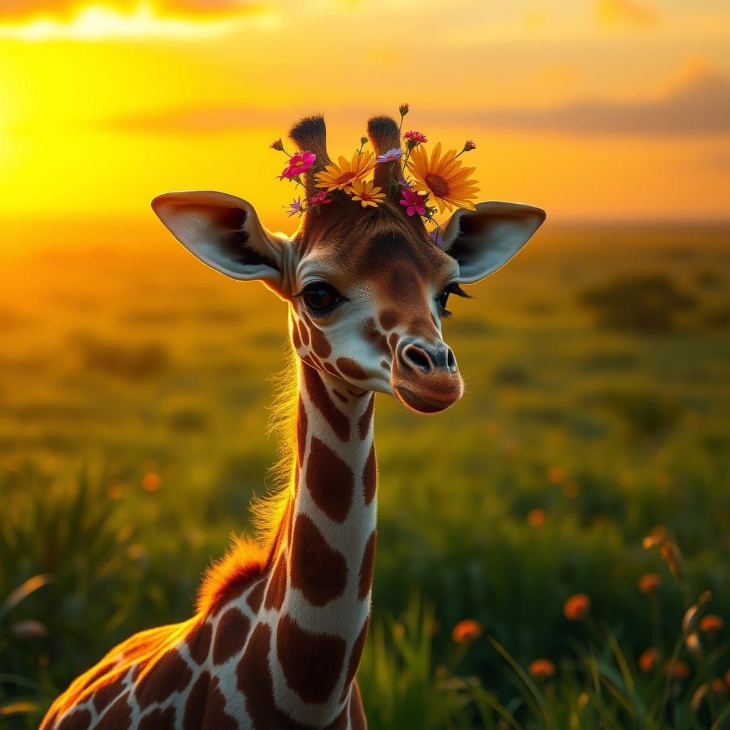 Surreal Giraffe in Vibrant Savanna Landscape with Golden Sun...