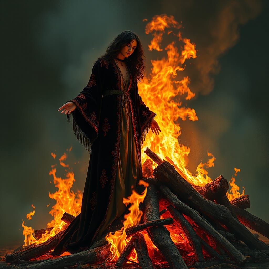 Macabre Witch Burns at the Stake Amidst Golden Inferno