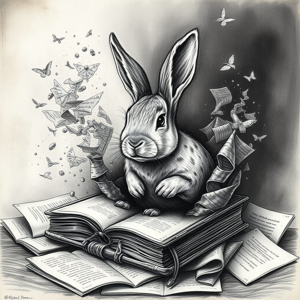 Rabbit Emerge from Book in Chiaroscuro Style