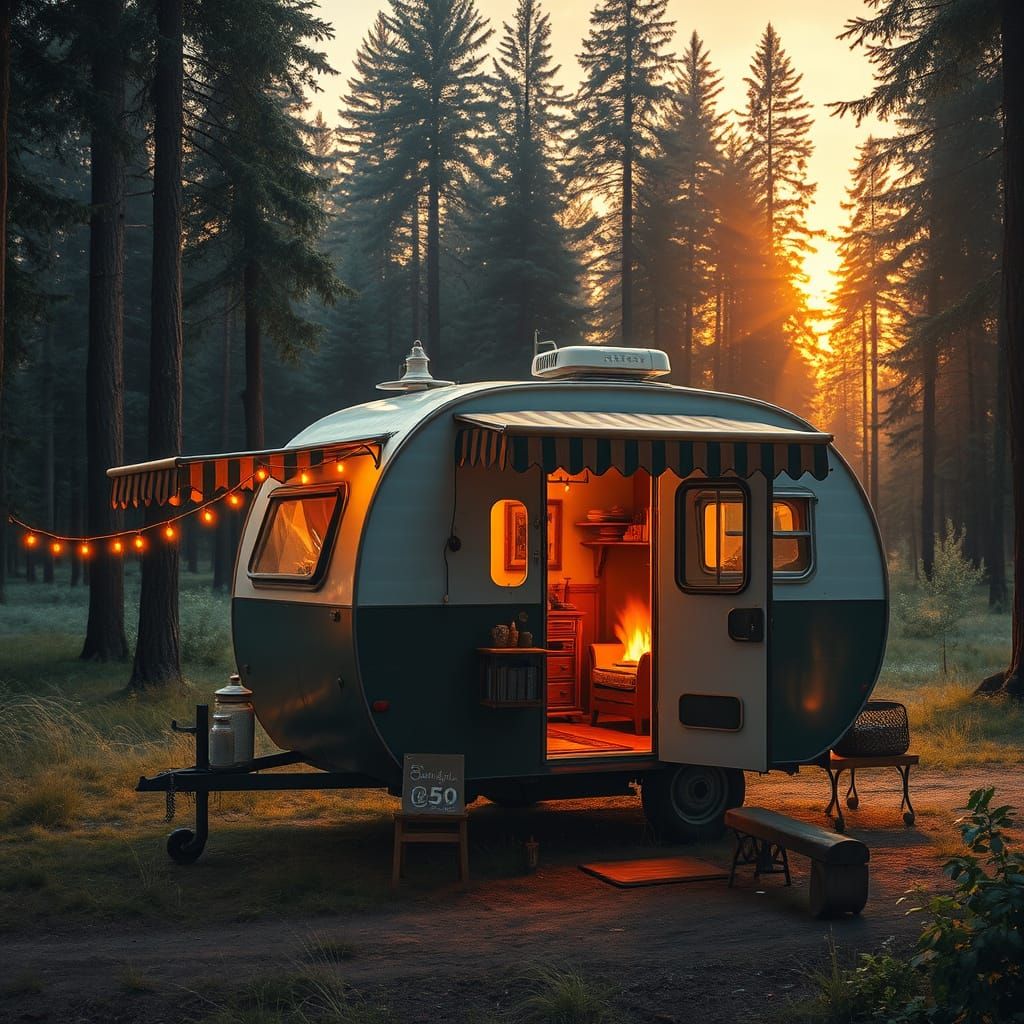 Teardrop Trailer in Forest Clearing at Sunset