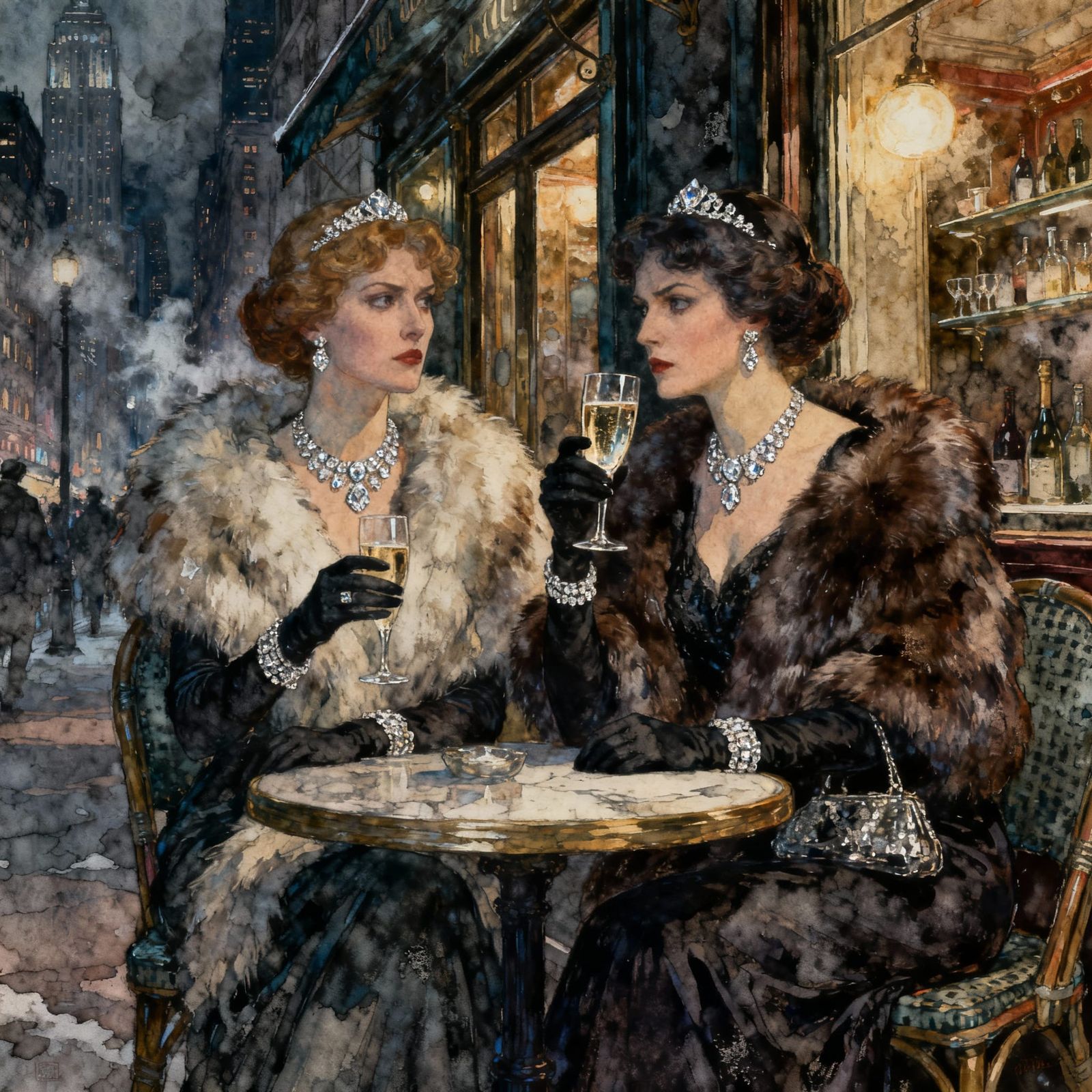 Elegant Wealthy Women Enjoy Champagne at Cafe