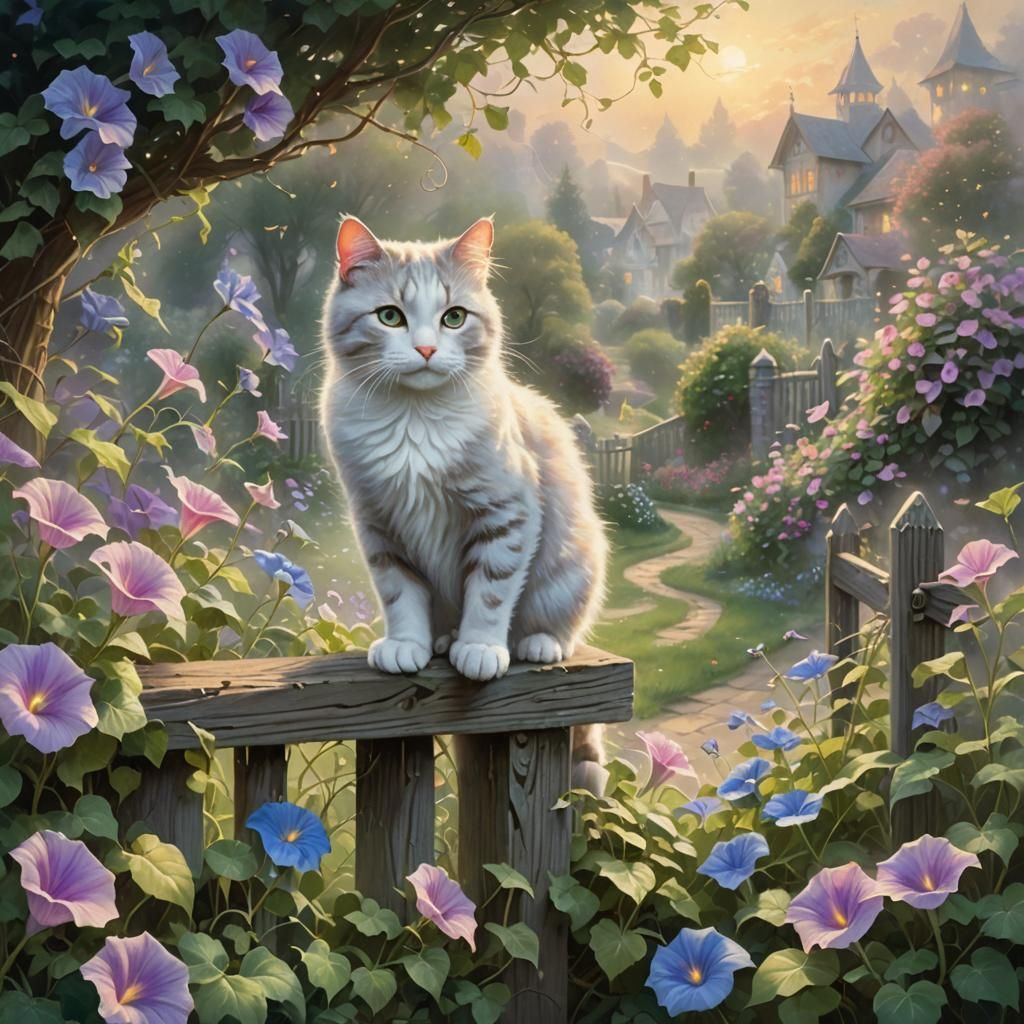 Cat Among Morning Glories in Dreamlike Oil Painting