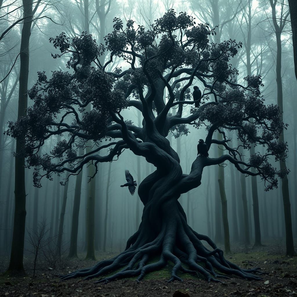 A black flowering tree, beautiful ravens, grimdark