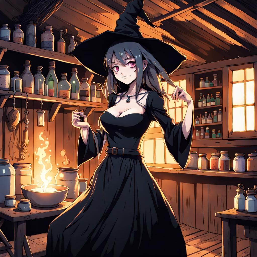 Scary Witch Brewing Potions in Anime Style