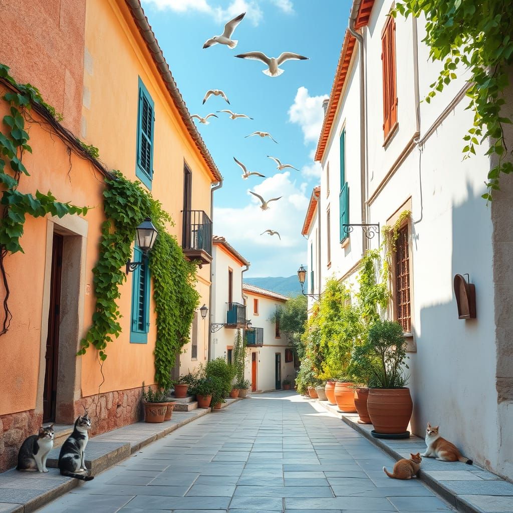 Mediterranean Village Street in Summer