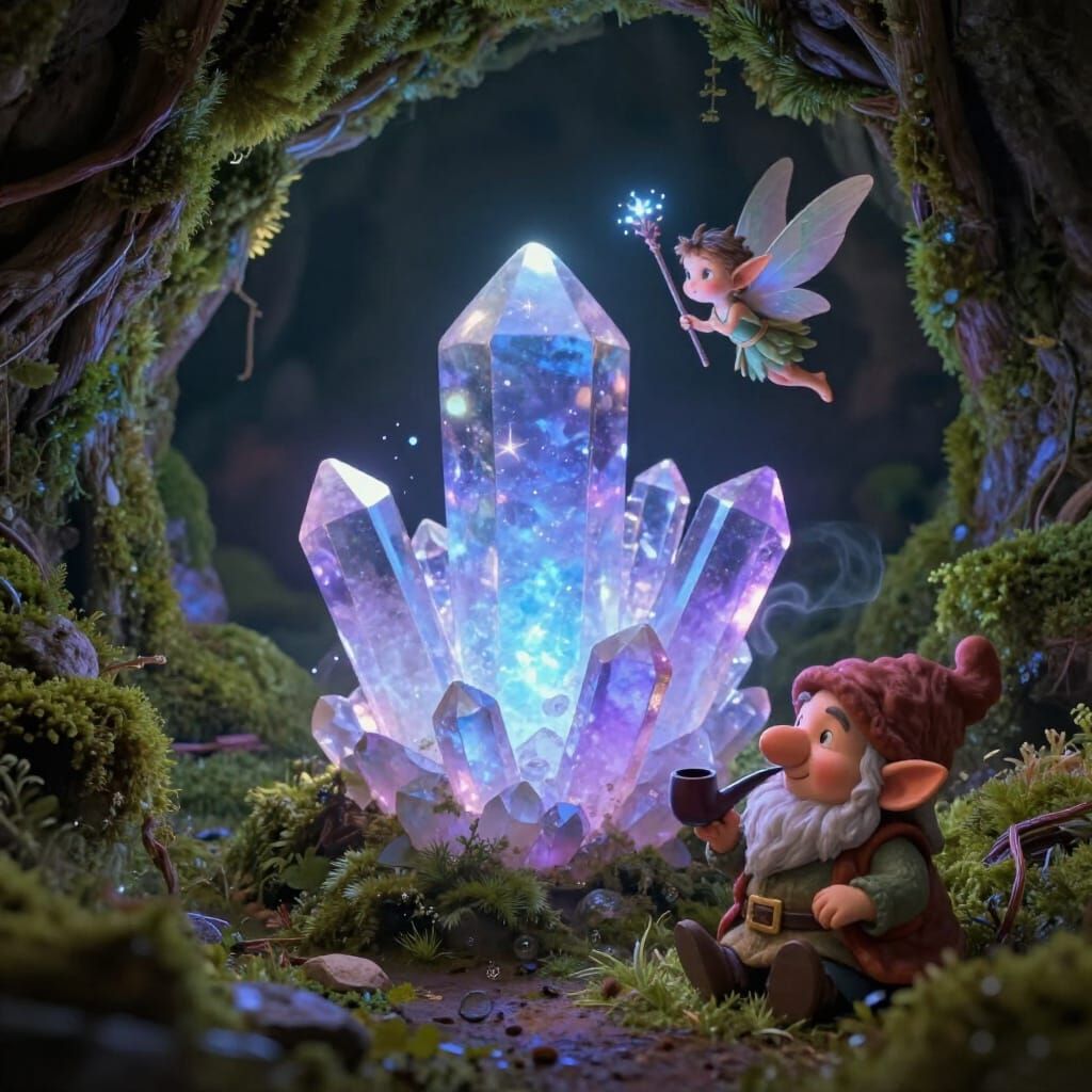 Glowing Crystal Cluster with Elf and Gnome in Fantasy Art St...