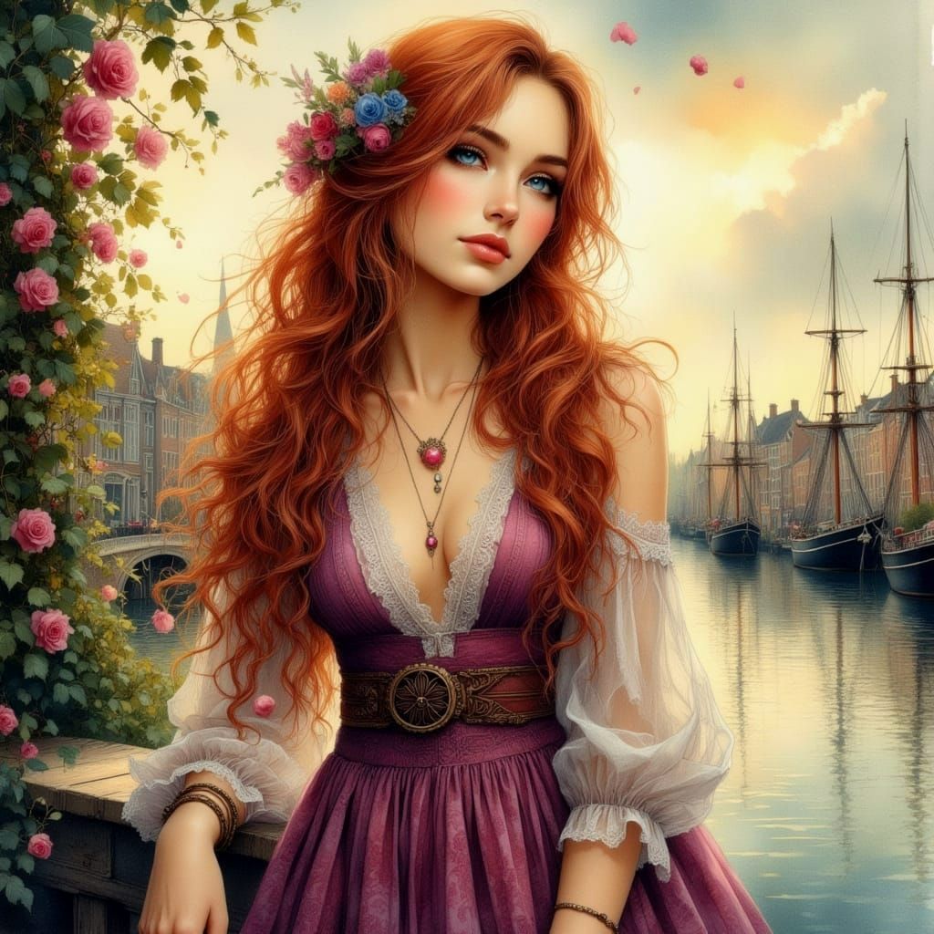 Anime Woman by Canals in Holland, Dreamy Watercolour