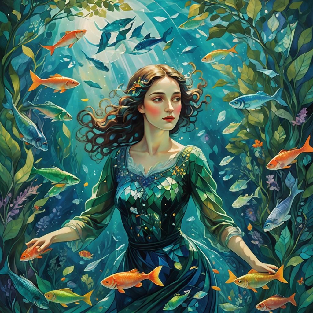 Woman and Fish in Turquoise Water, Chagall Style