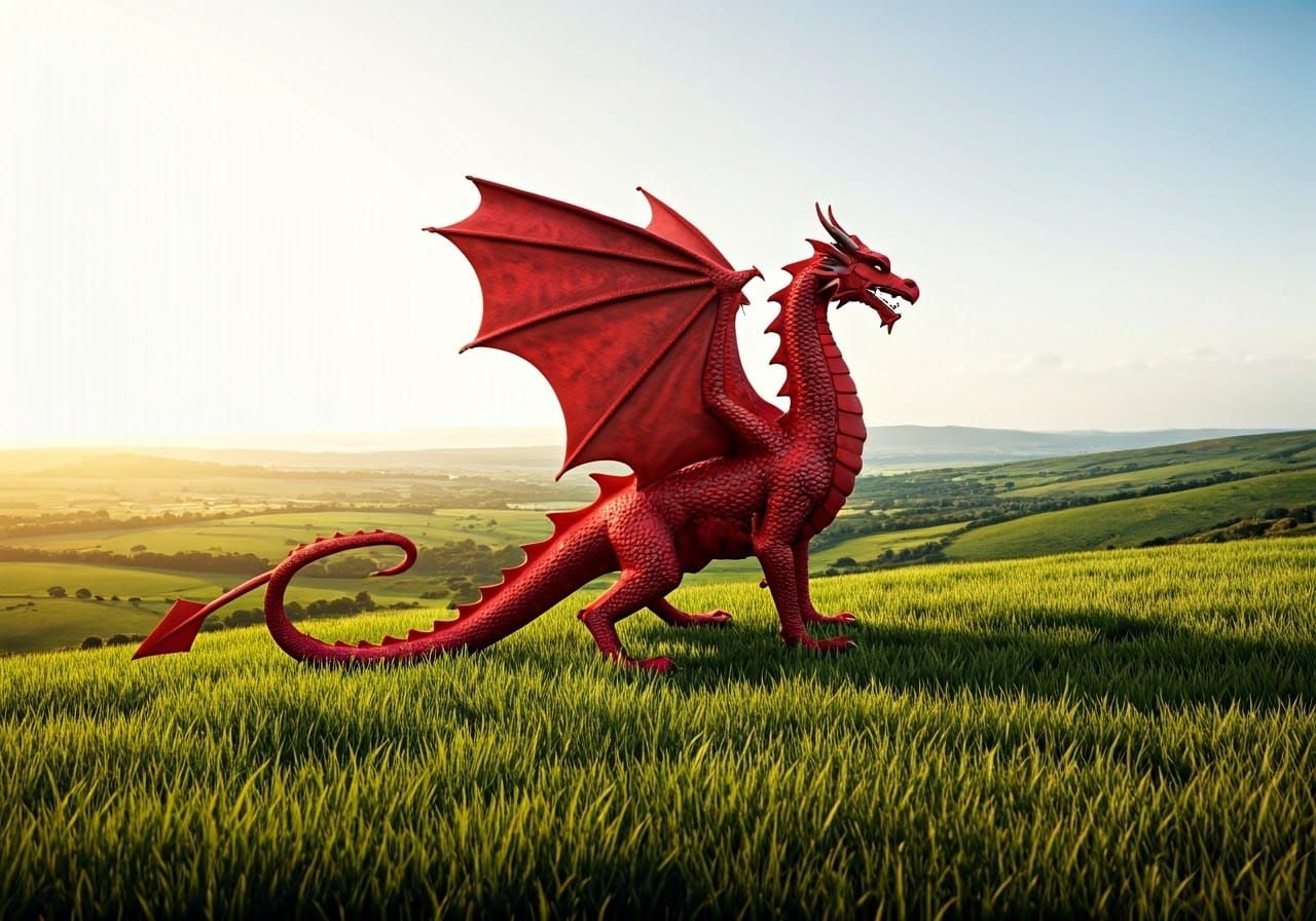 Welsh Dragon Overlooking Countryside: Digital Art