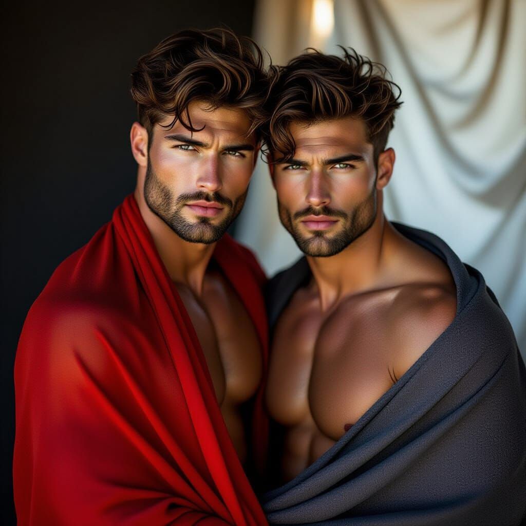 Intense Portrait of Two Male Models in Dramatic Lighting