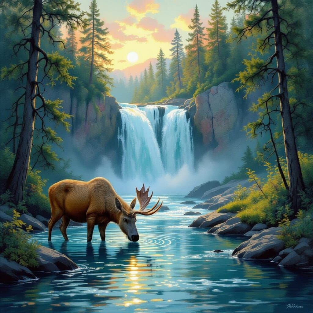 Moose Drinks From Stream Flowing Into Waterfall, Old Oil Pai...