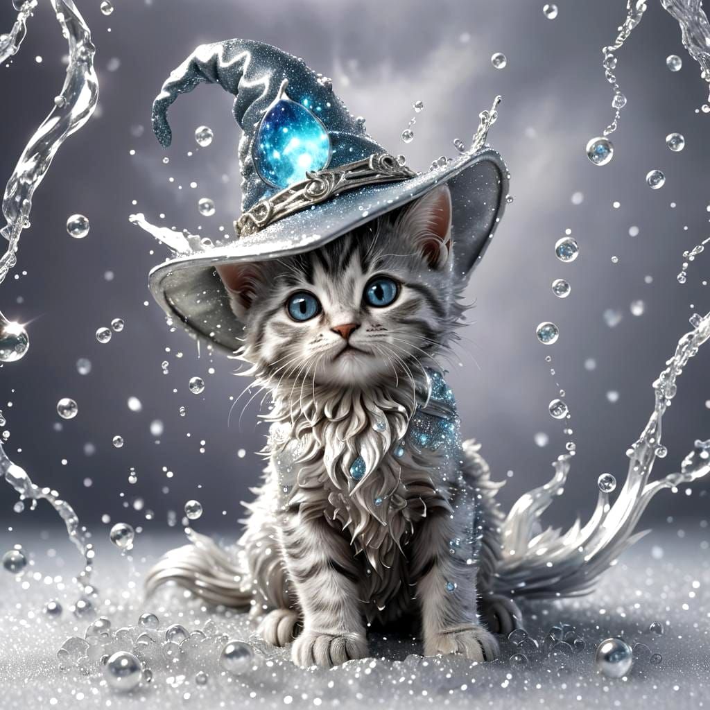 Kitten in Liquid Silver Wizard Hat