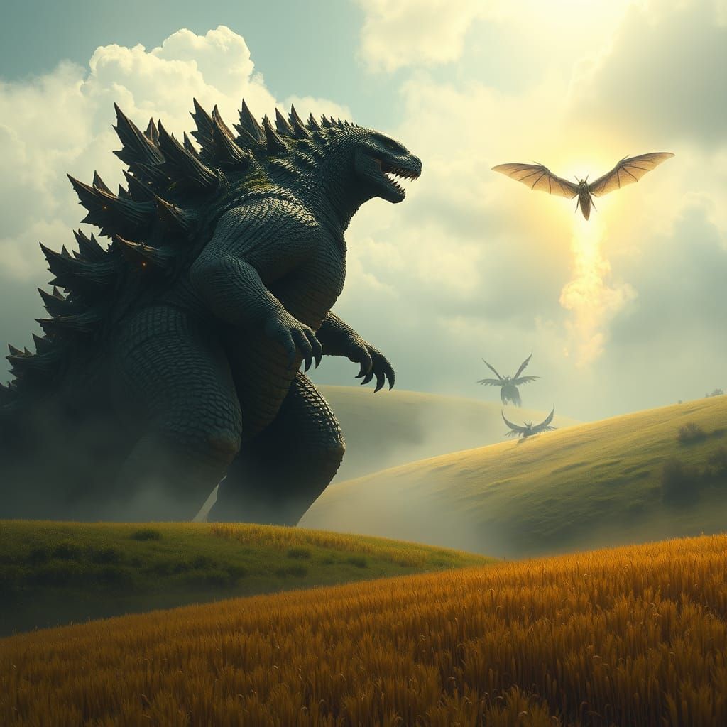 Godzilla Confronts Mothra in a Haunting Countryside Scene