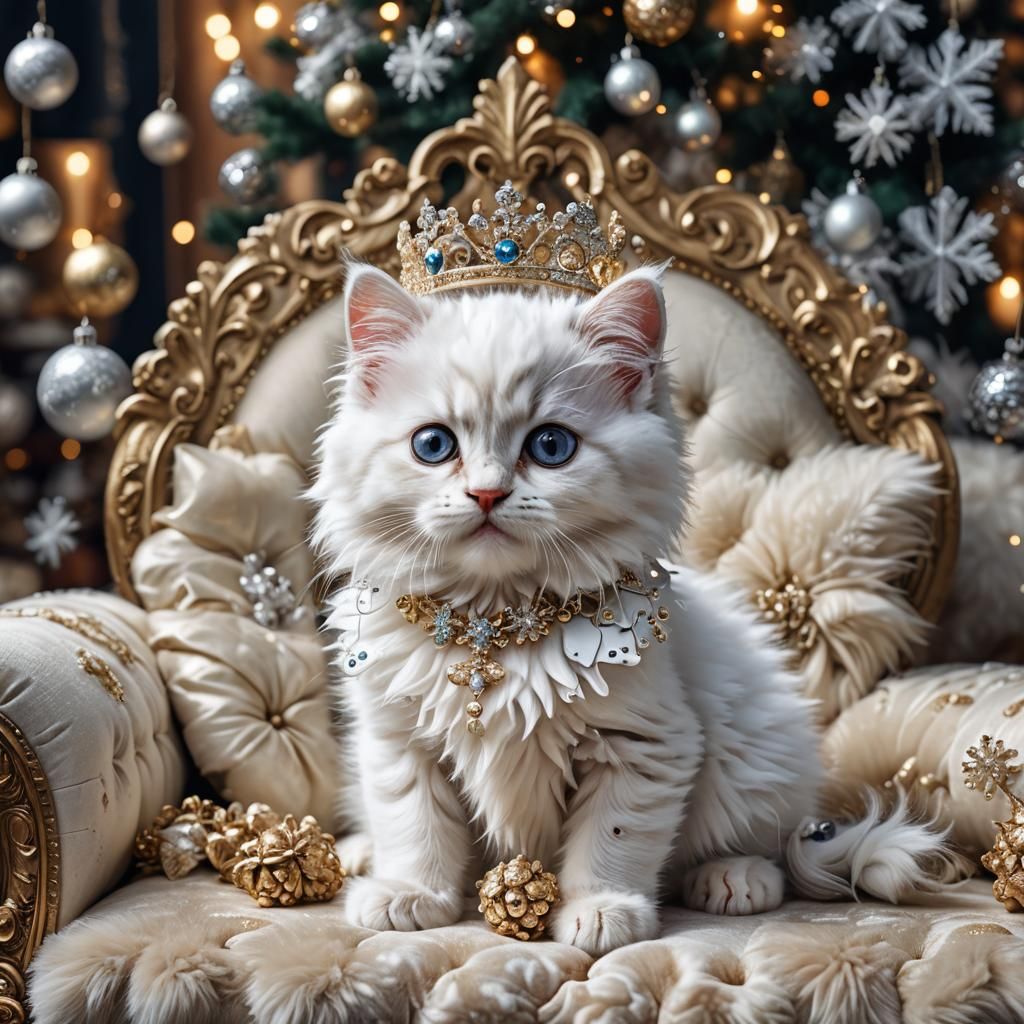 Fluffy Chibi Kitten with Diadem on Baroque Sofa