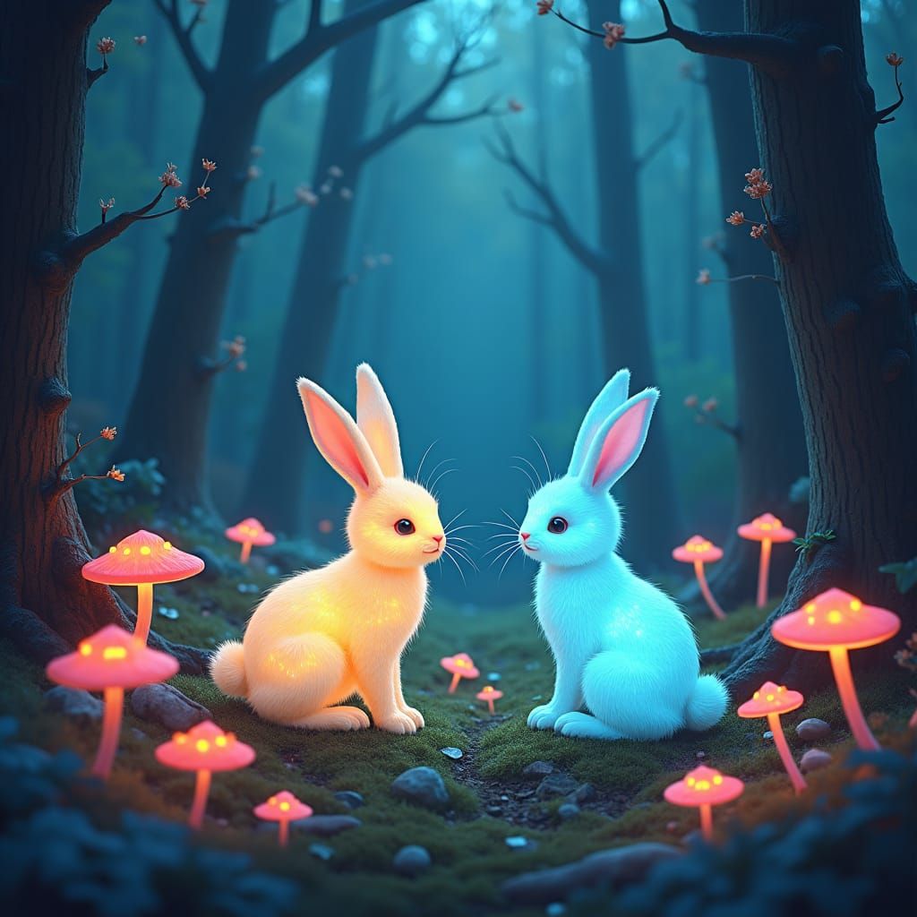 Luminescent Bunnies in Mystical Forest: Dreamy AI Art