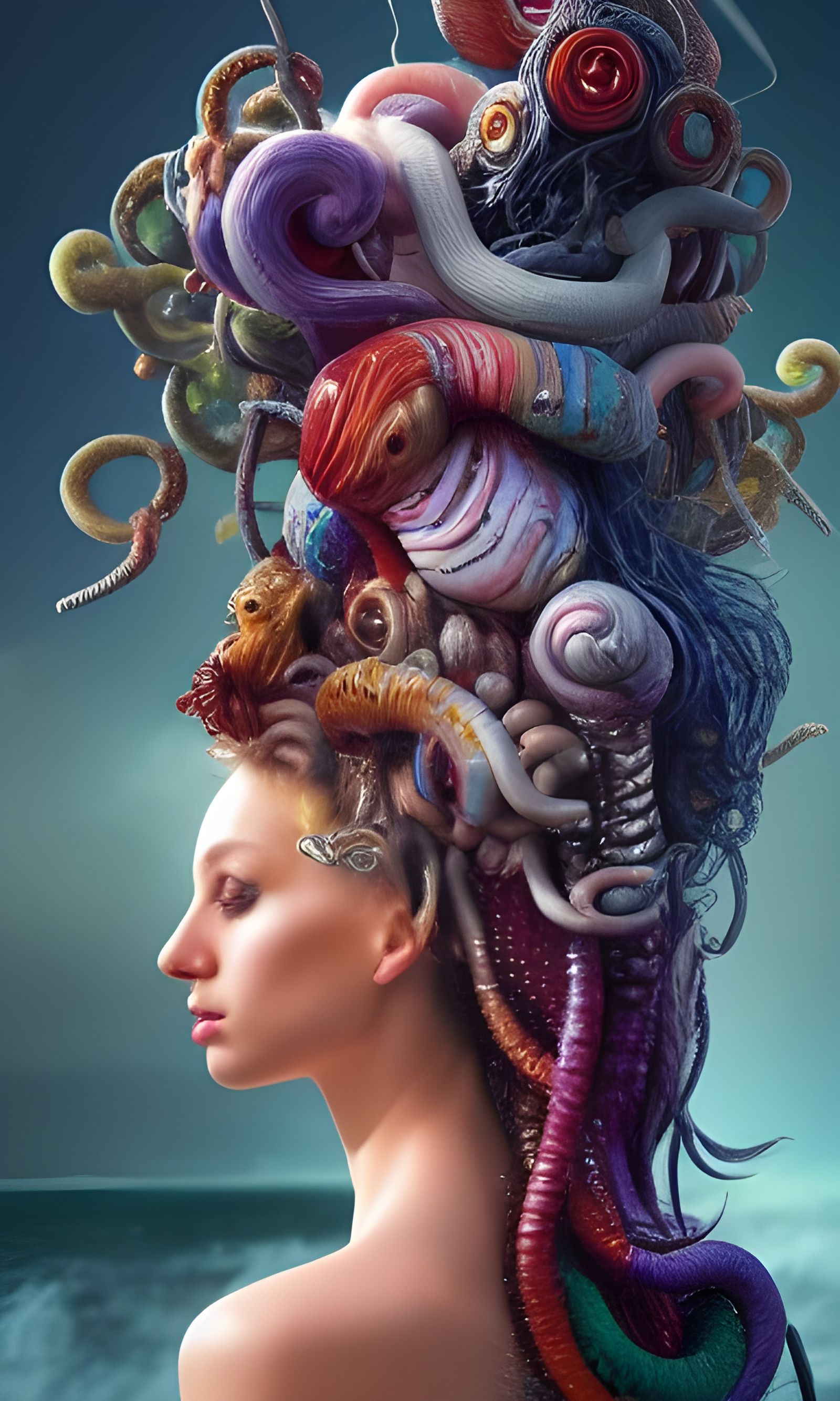 Hyperrealistic Gummy Worm Medusa in Maximalist Style
