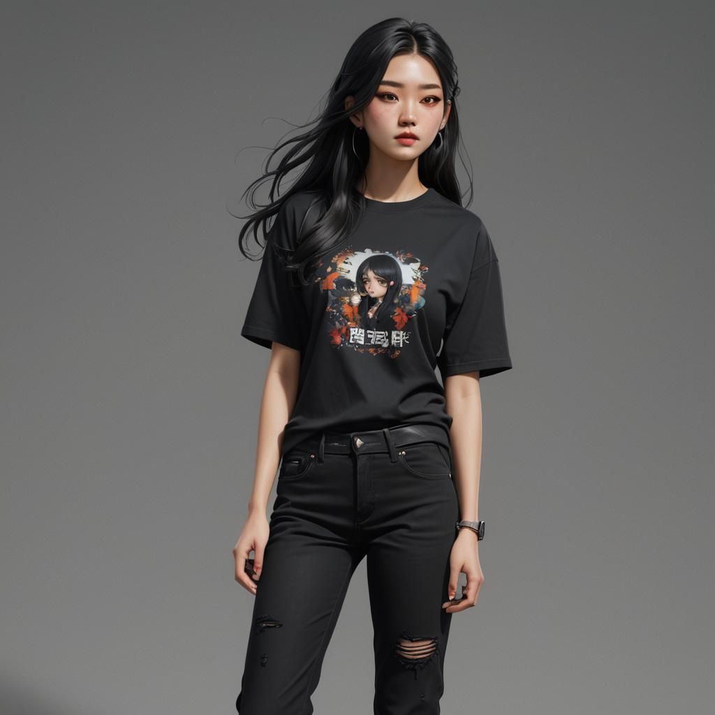 Korean Teenager in Oversized T-Shirt, Digital Art
