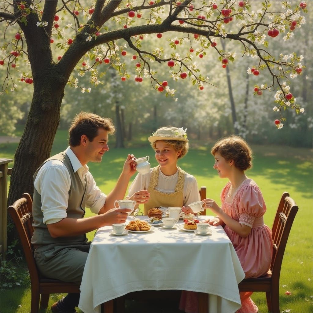 Vintage Family Afternoon Tea in a Blossoming Orchard