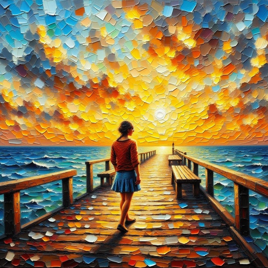 Woman on Pier at Golden Sunset Impasto Oil Painting