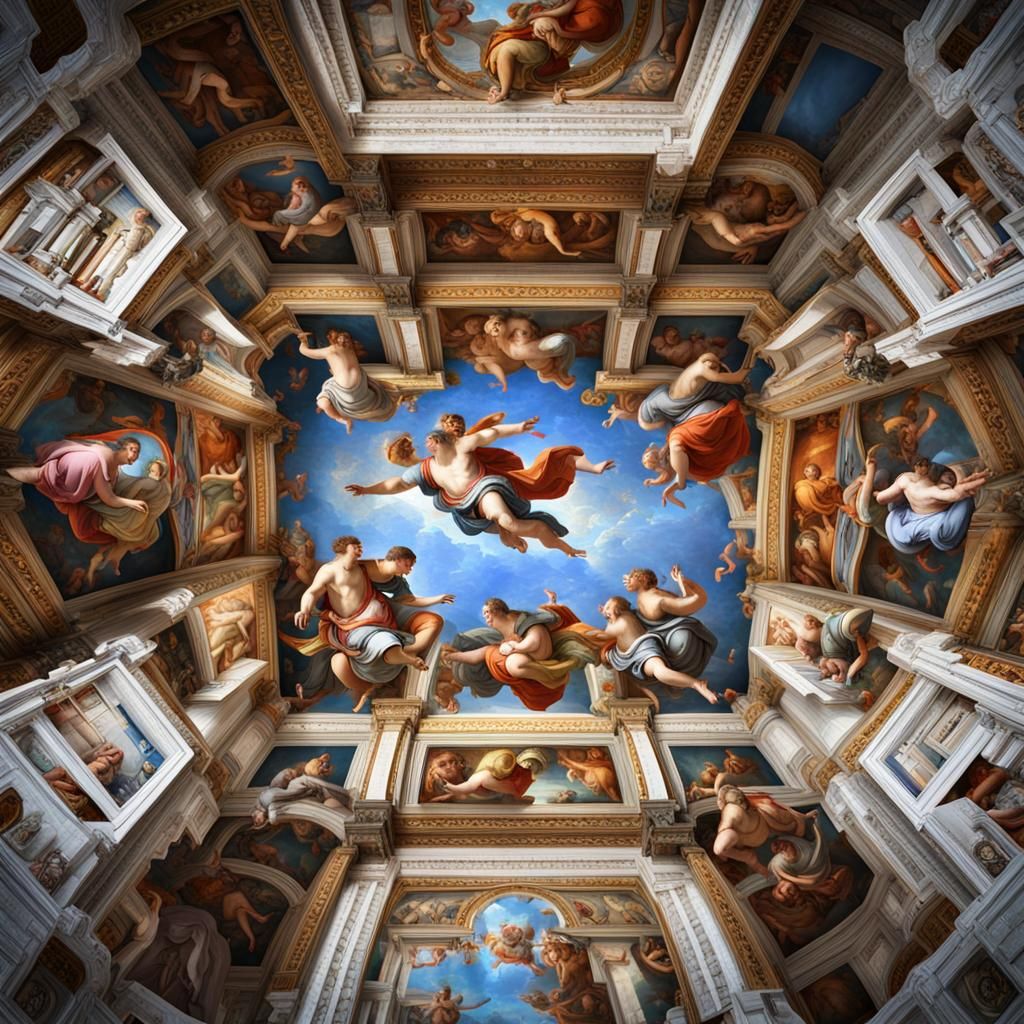 Beautiful sharp detail Michelangelo's painted ceiling in the...