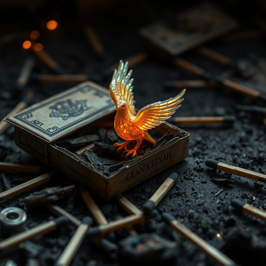 Phoenix Rises from Burning Matches in Surreal, Dreamlike Sty...