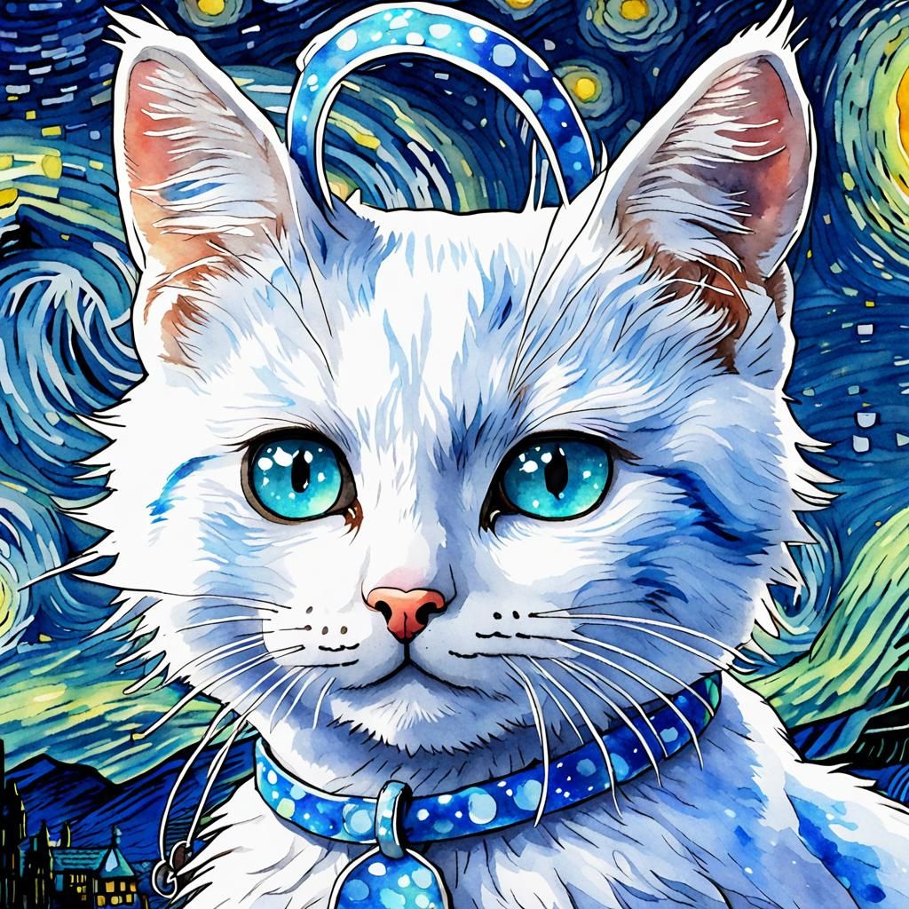 Anime Cat in Starry Night Gouache Style