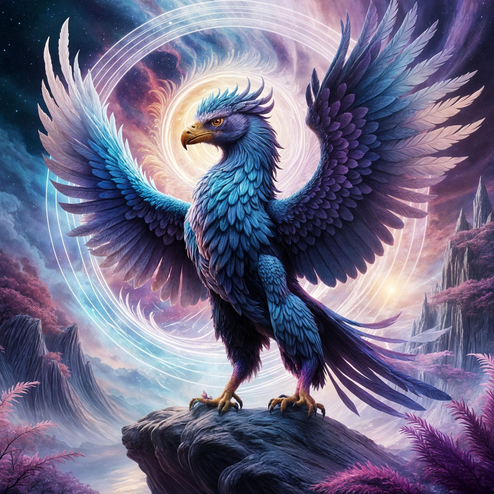 Surreal Celestial Griffin with Vibrant Crystalline Feathers