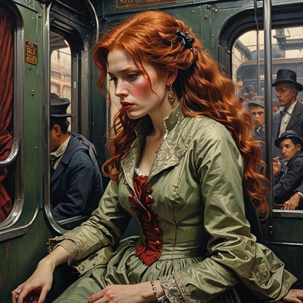 Red-Haired Beauty on Train, Classical Painting