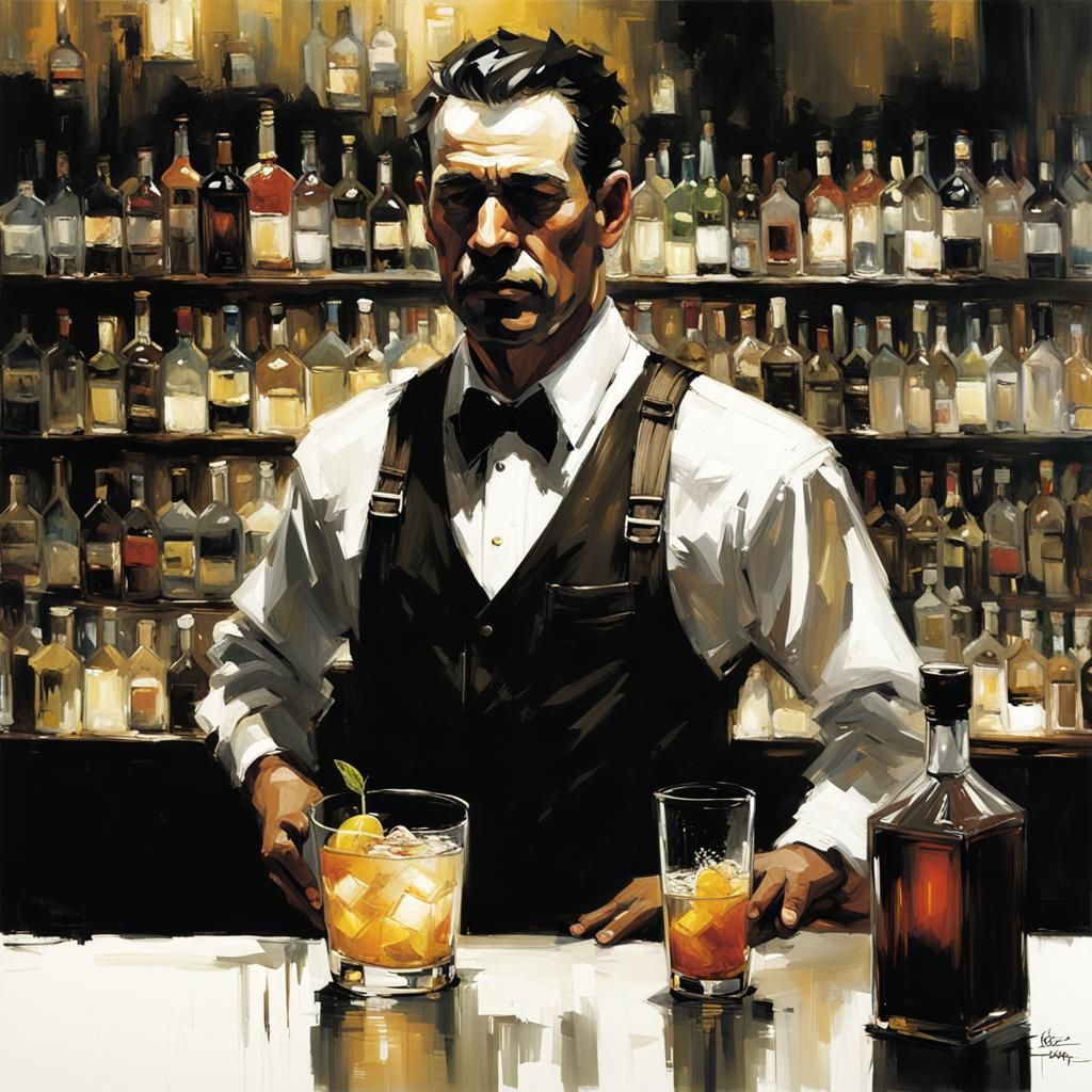 Bartender Mixes Cocktails in Impasto Style