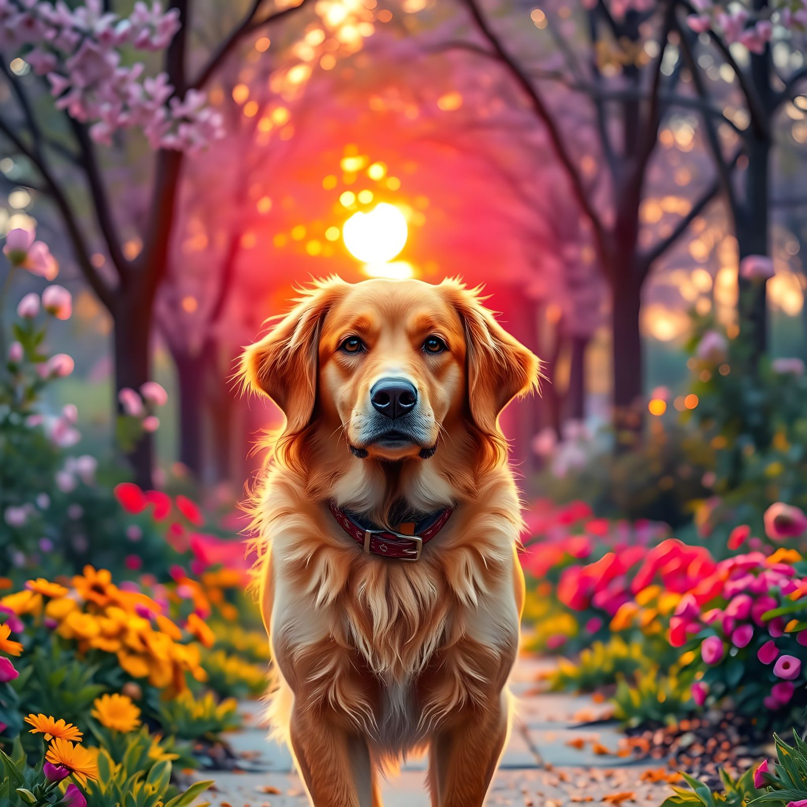 Golden Retriever in Vibrant Boston Park at Sunrise