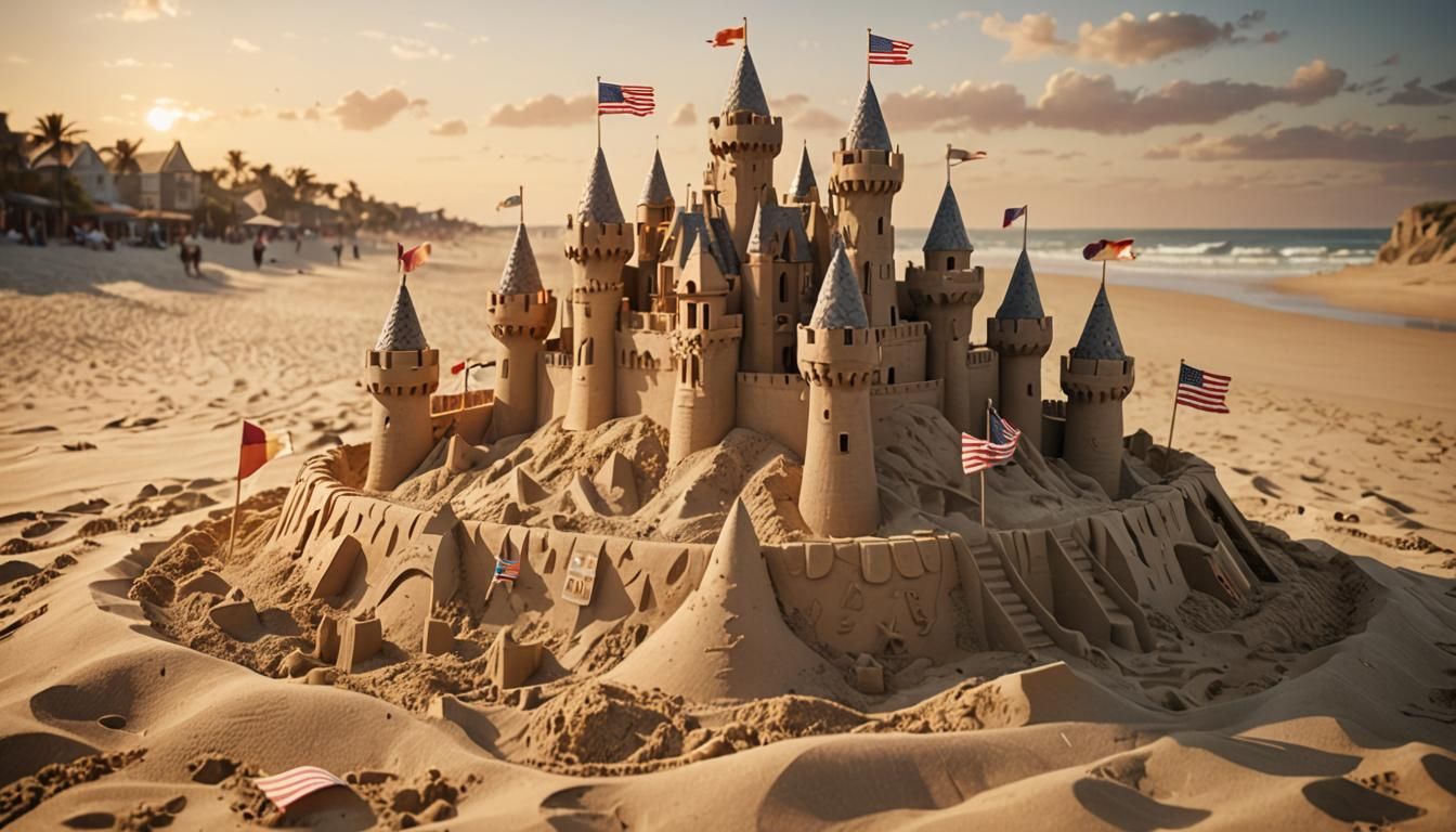 Hyperrealistic Sandcastle Concept Art with Sunset Lighting