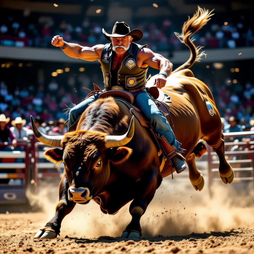 Elderly Rodeo Rider on Raging Bull