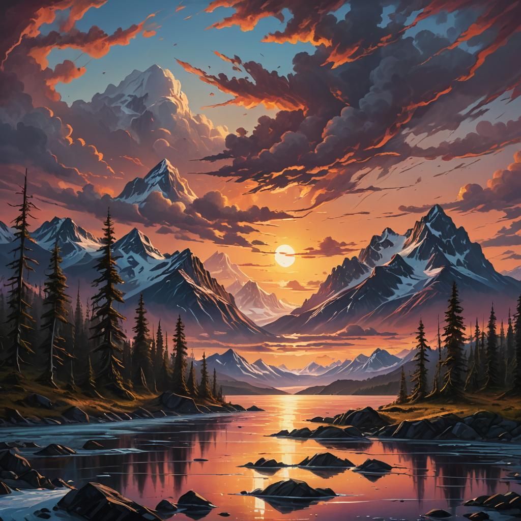 Alaskan Sunset Landscape: Detailed Fantasy Oil Painting