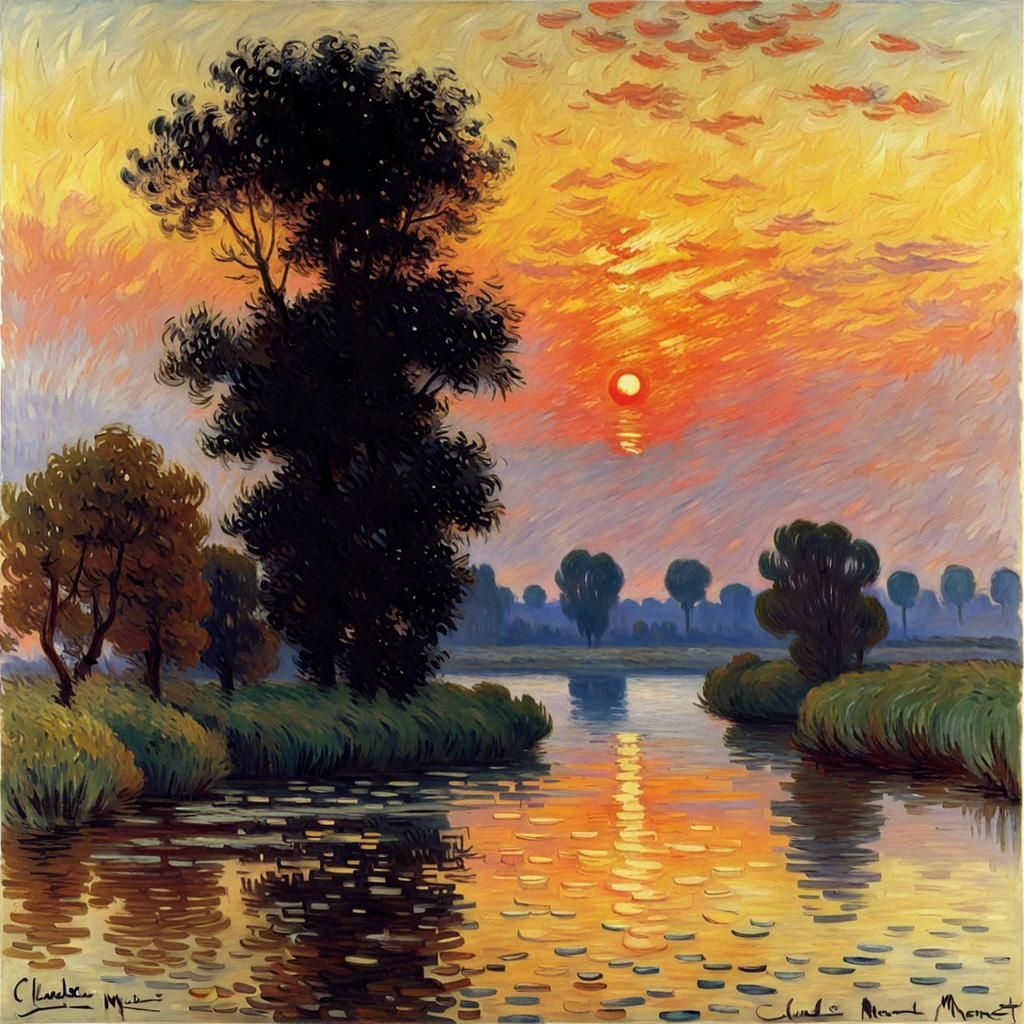 Impressionist Sunset River Landscape Painting