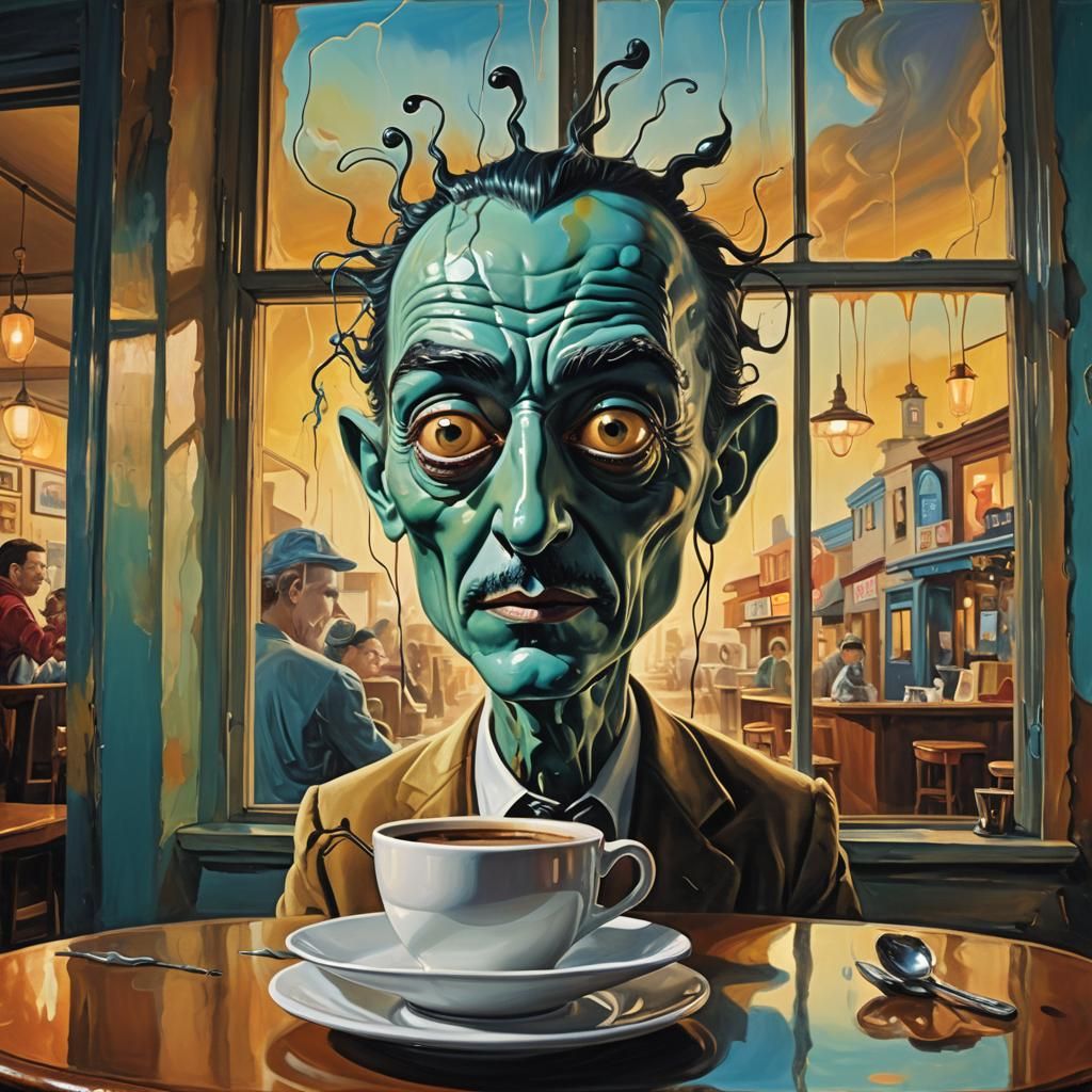 Alien Peeks Into Coffee Shop as Whimsical Digital Art