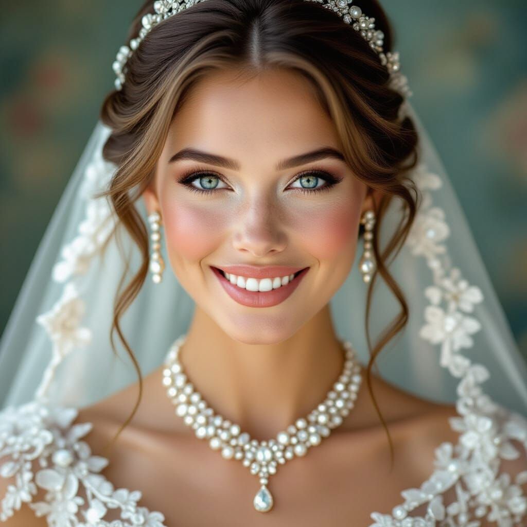 Woman with Freckles in Luxurious Wedding Gown