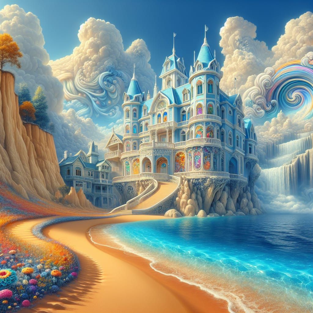 Vibrant Victorian Mansion Sails Above a Stormy Beach