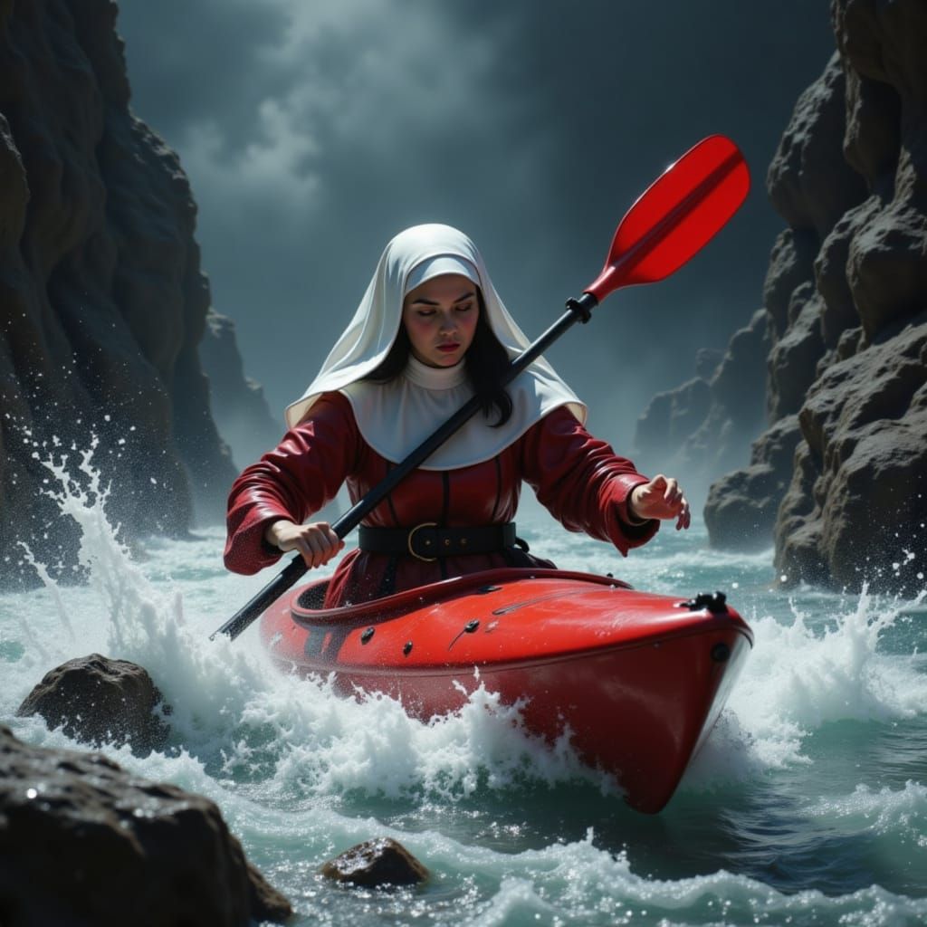 Nun Navigates Rapids in Red Kayak Oil Painting