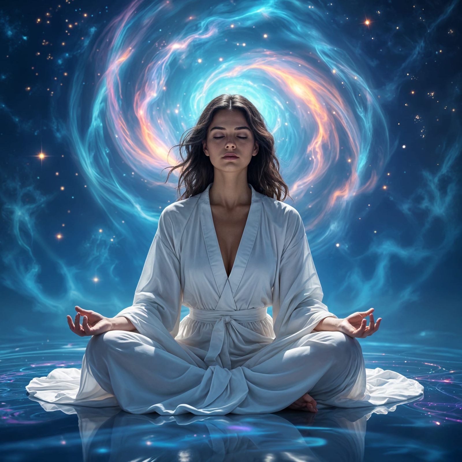 Cosmic Meditation: Woman Merged with Holographic Galaxies