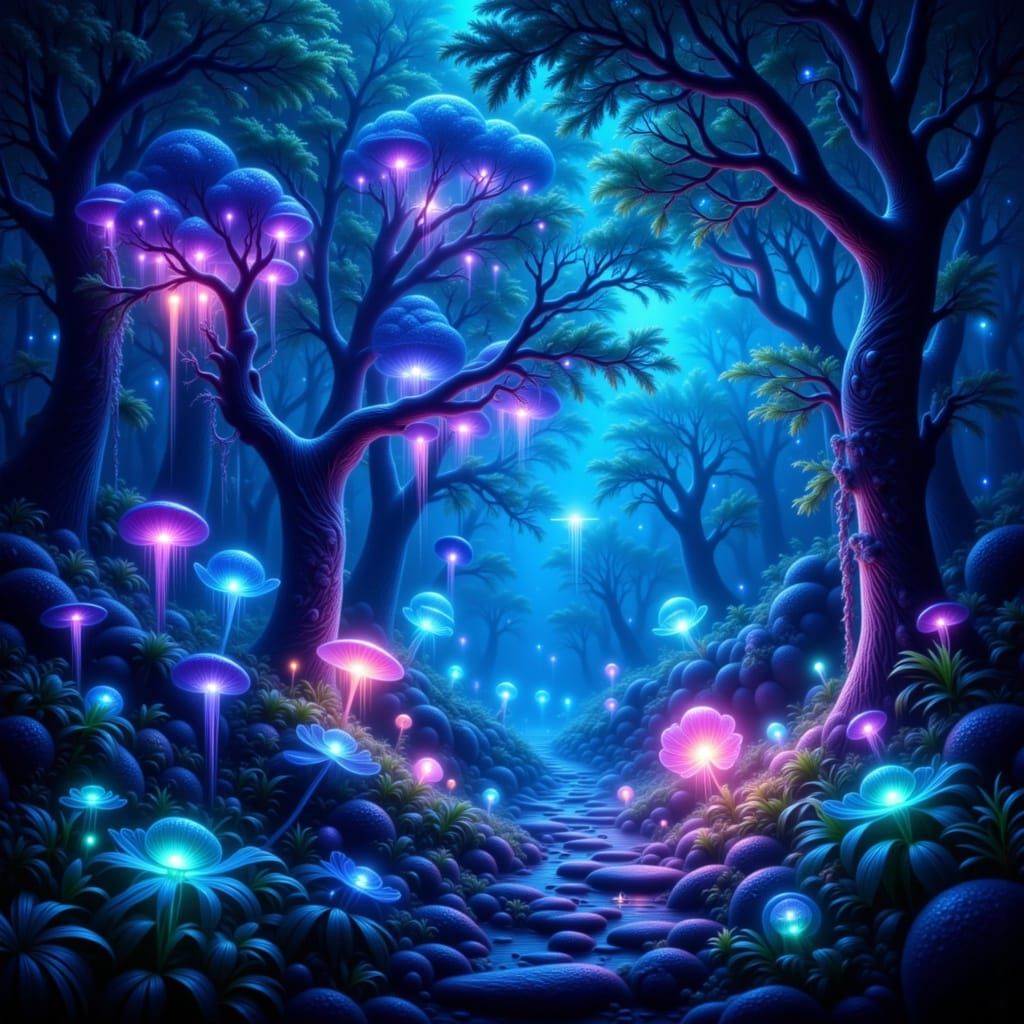 Bioluminescent Alien Forest at Twilight with Ethereal Glows