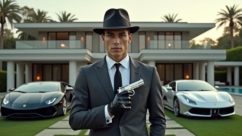 Confident Mafia Boss with Luxury Cars