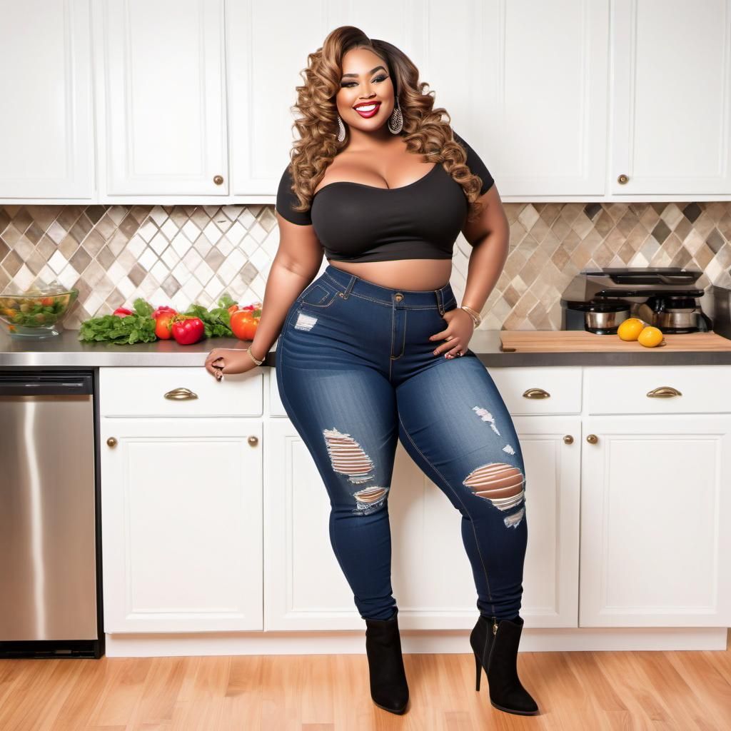 Plus-Size Woman with Exaggerated Figure in Kitchen