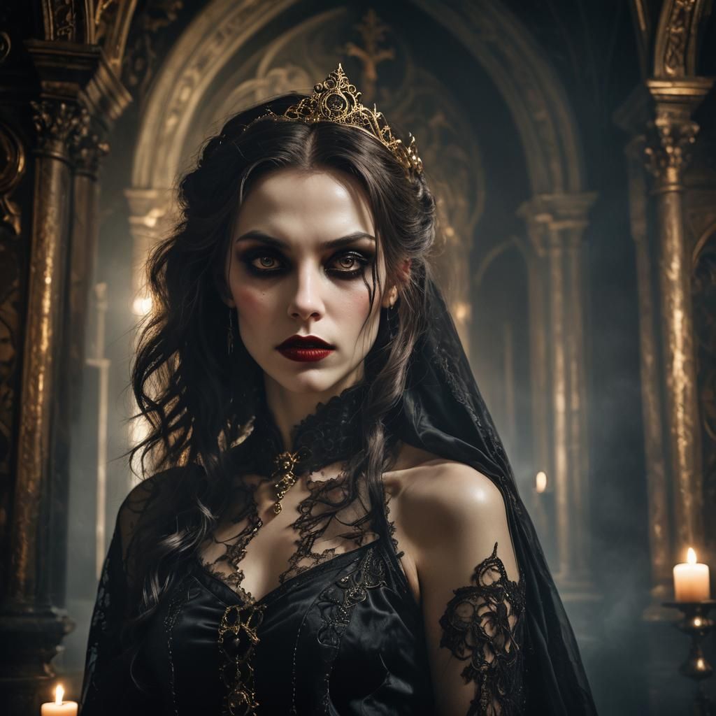 Gothic Vampire in Ornate Church, Dramatic Lighting
